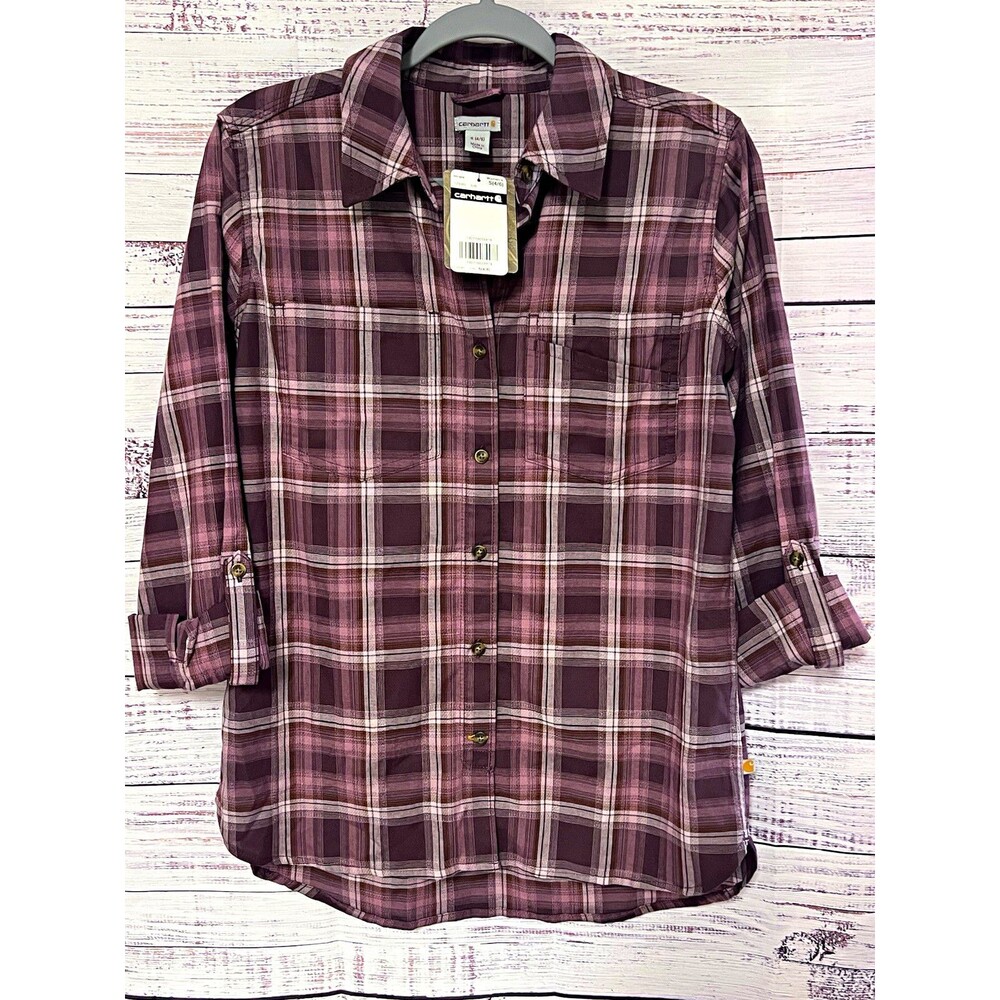 Carhartt Purple Gray Plaid Button-Up Shirt 100% Cotton Long Sleeve S 103085